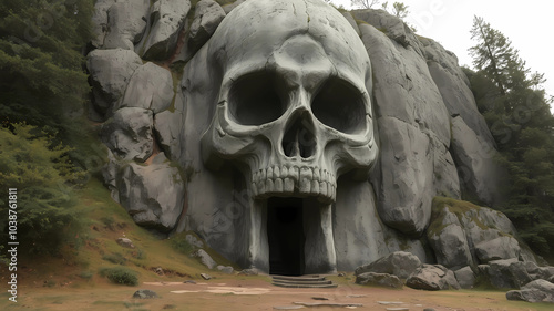 A huge scary fairy-tale rock with an entrance in the form of a skull.