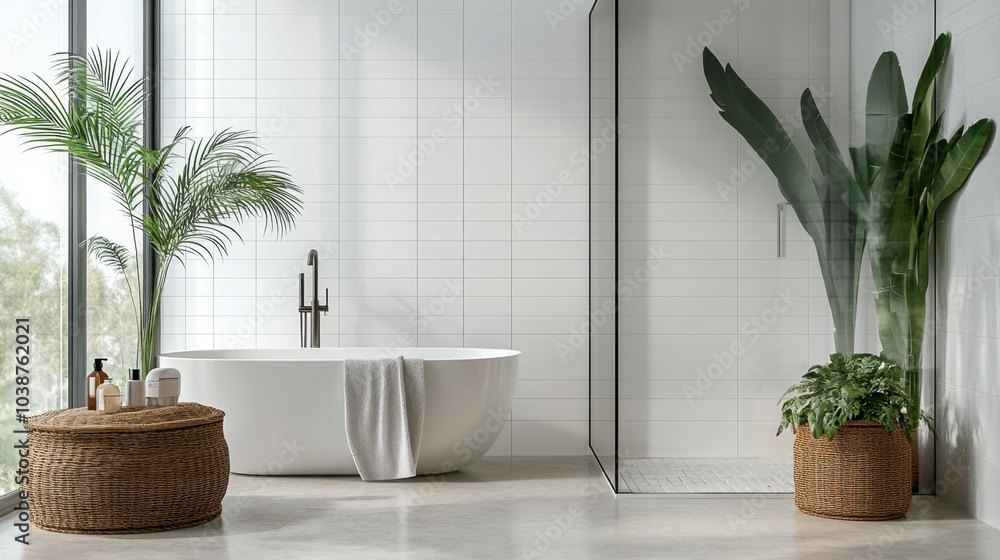 A clean, minimalist bathroom with sleek white tiles, a glass-enclosed shower, and natural decor elements. A clean, minimalist bathroom with sleek white tiles, a glass-enclosed shower, and natural decor elements.