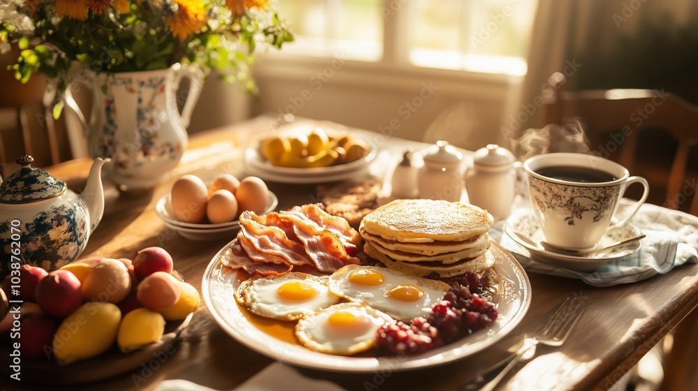 A cozy breakfast table features crispy bacon, sunny-side-up eggs, pancakes, toast, fruit, and coffee. A cozy breakfast table features crispy bacon, sunny-side-up eggs, pancakes, toast, fruit, and coffee.