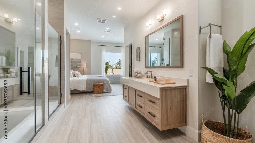 Fototapeta premium A clean, modern bathroom with a floating vanity, glass shower enclosure, and natural wood accents.