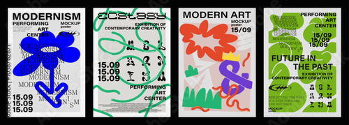 Modernism aesthetics of Swiss design, brutalism. Abstract posters with geometric shapes in the style of modernism, Bauhaus, funky. Reinvented modernism, a trend for 2024. Posters Bauhaus, graphic set