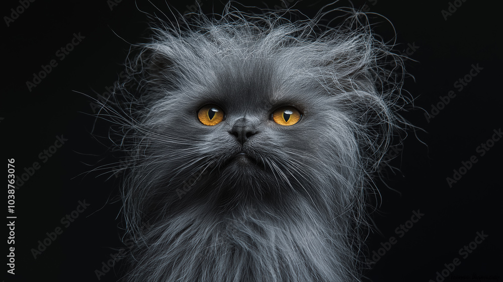 Obraz premium Majestic fluffy cat with striking yellow eyes against dark background
