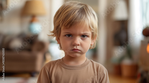 Serious young child with intense expression indoors on a cozy day