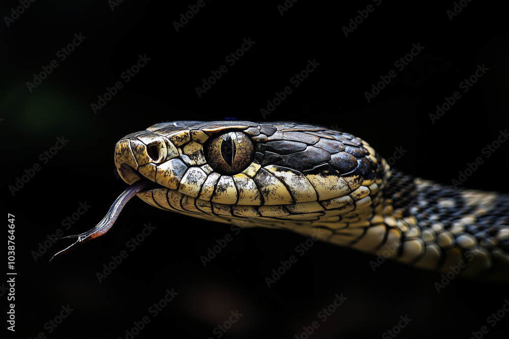 Snake's head emerging from the shadows, its tongue flickering in the air, mysterious and ominous setting, black background. Snake's head emerging from the shadows, its tongue flickering in the air, mysterious and ominous setting, black background.