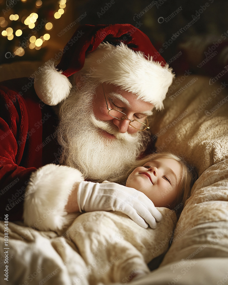 Obraz premium Santa Claus gently holds a sleeping child in his arms 