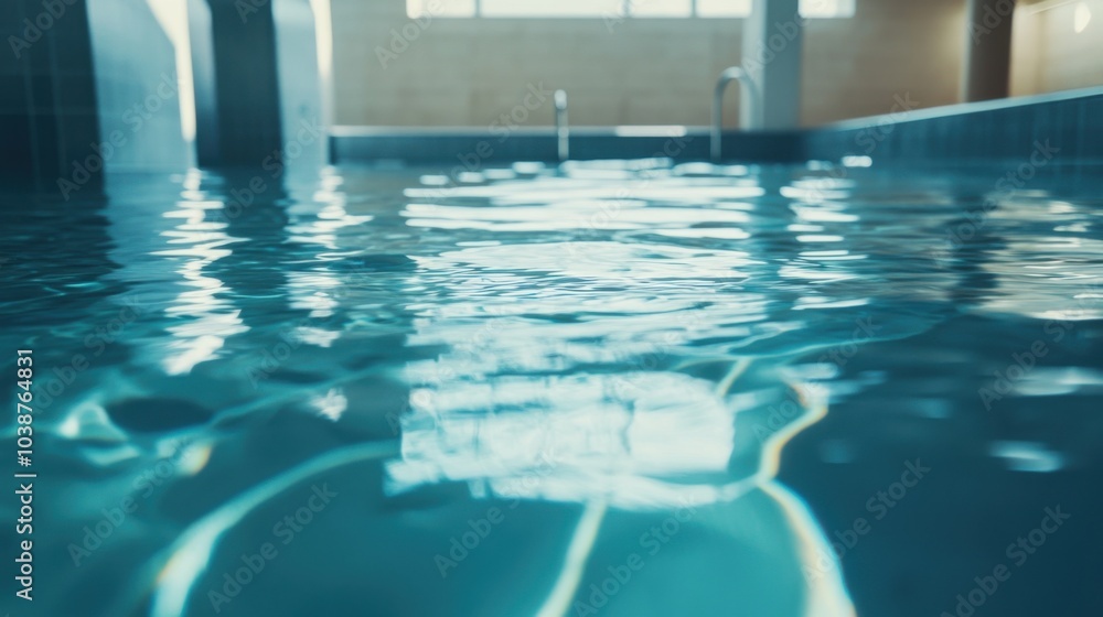 Obraz premium A swimming pool with clear water, indoor setting with modern architecture, Contemporary style