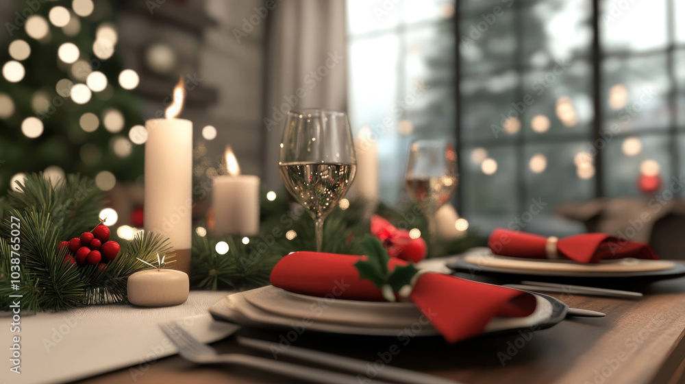 festive dining table set for holiday feast, adorned with candles, wine glasses, and red napkins, creates warm and inviting atmosphere for celebration festive dining table set for holiday feast, adorned with candles, wine glasses, and red napkins, creates warm and inviting atmosphere for celebration