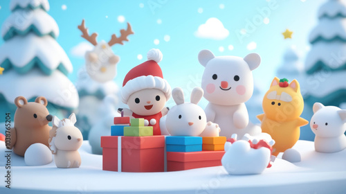 Festive characters gather in snowy landscape, celebrating with colorful gifts and holiday cheer. scene radiates joy and warmth, perfect for holiday season