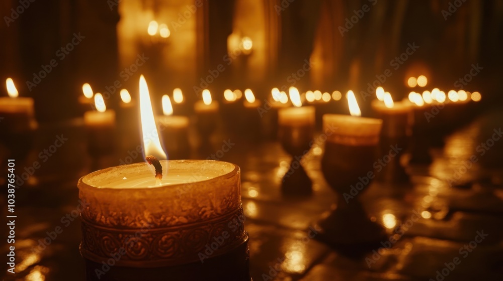A close-up of prayer candles lit inside a dimly lit cathedral, with detailed reflections of the flames. A close-up of prayer candles lit inside a dimly lit cathedral, with detailed reflections of the flames.