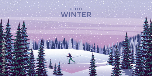 Winter season landscape with pine trees in the first plan and skier on the edge of the forest under the snow in the background. Trendy handmade drawing vector illustration.