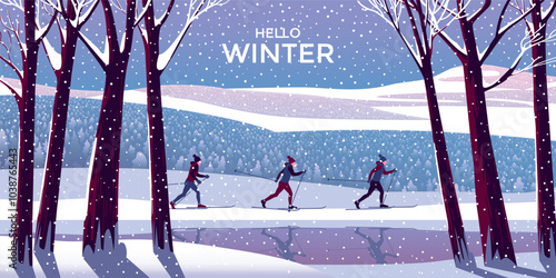 Winter season landscape with snow covered trees in the first plan and skiers on the edge of the forest under the snow in the background. Trendy handmade drawing vector illustration.