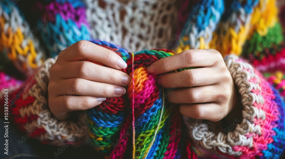 Hands knitting with colorful wool Hands knitting with colorful wool