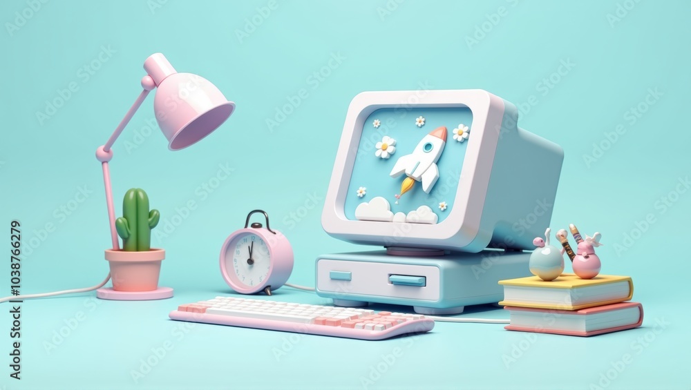 Generative, AI, Retro computer setup with pastel colors, rocket screen saver, desk lamp, cactus, alarm clock, books.
Generative, AI, Retro computer setup with pastel colors, rocket screen saver, desk lamp, cactus, alarm clock, books.