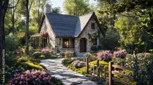 A cozy stone house with a rustic garden, featuring blooming flowers, a wooden fence, and a stone walkway.