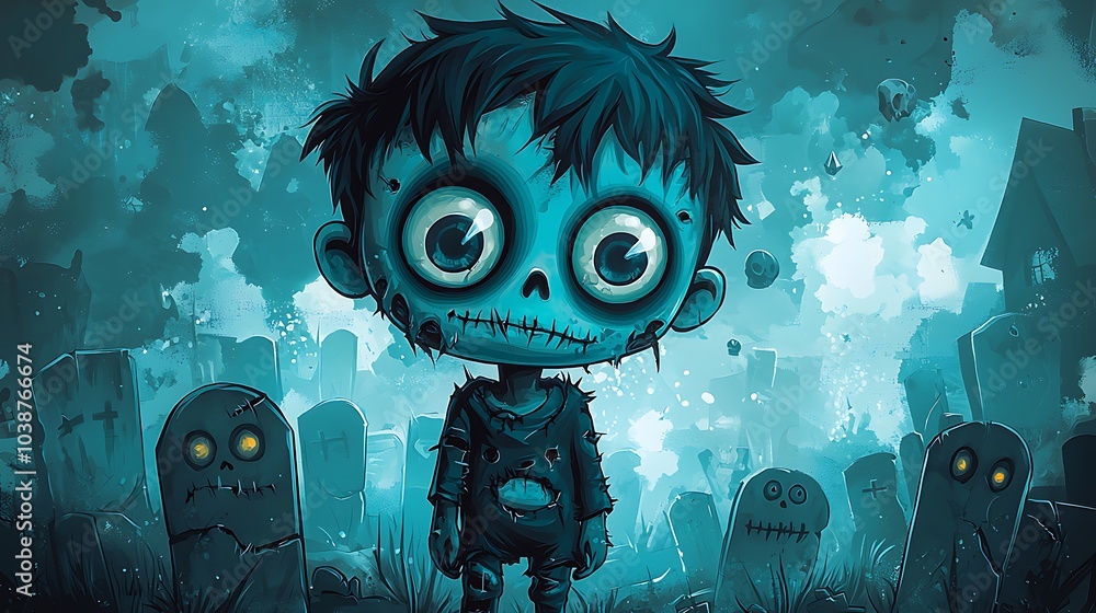 Obraz premium Chibi Zombie Boy with Goofy Eyes in Graveyard Scene