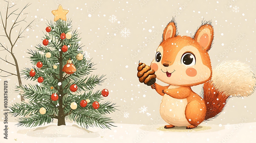 Kawaii Chibi Squirrel Holding a Tiny Acorn Near Tree Kawaii Chibi Squirrel Holding a Tiny Acorn Near Tree