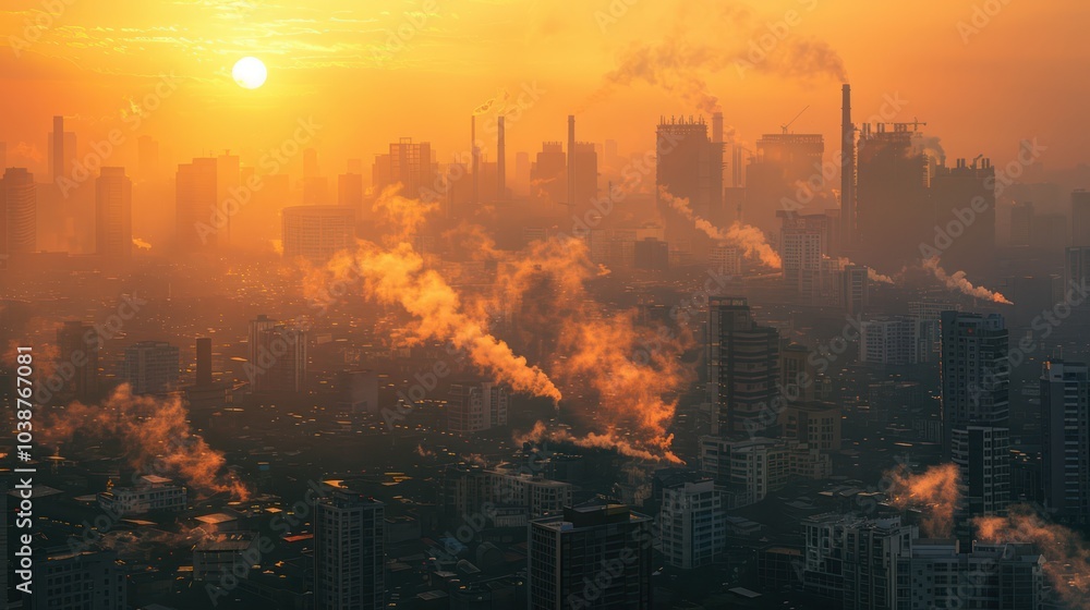 Fototapeta premium A smog-covered city skyline with factories in the background, portraying the severe impact of climate change on urban areas