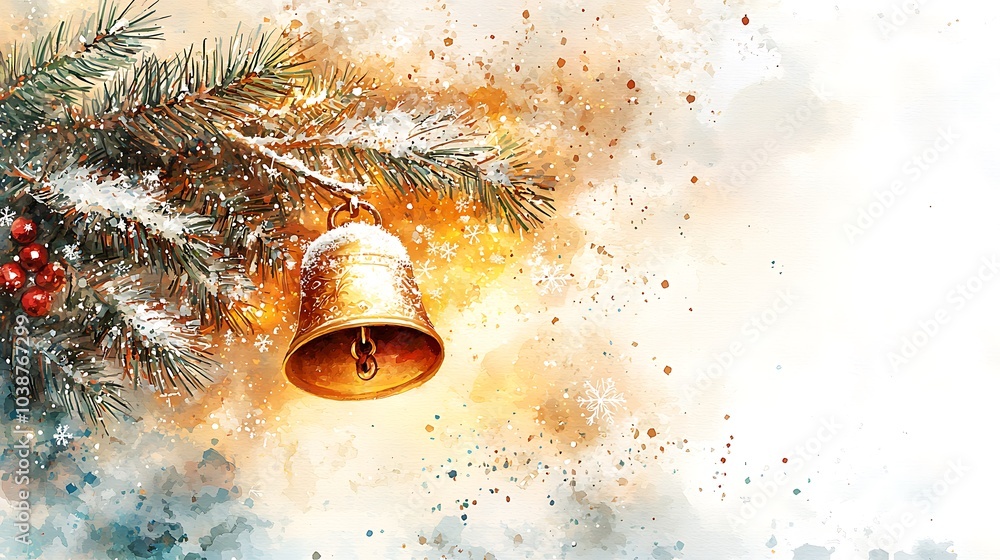 Fototapeta premium Christmas Bell Watercolor Art on Pine Branch