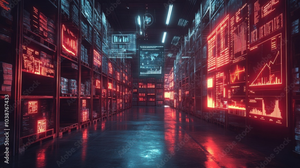 Fototapeta premium A futuristic warehouse with rows of shelves lit by glowing red and blue screens, creating a vibrant, digital landscape.