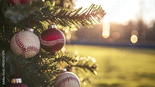Christmas Celebration With a Decorated Tree on a Baseball Field Generative AI