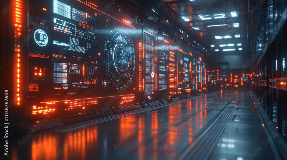 A futuristic hallway lined with glowing screens displays a complex data network. A futuristic hallway lined with glowing screens displays a complex data network.