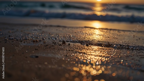 Close-up of wet sand on a beach at sunrise, with the ocean and sun in the background.