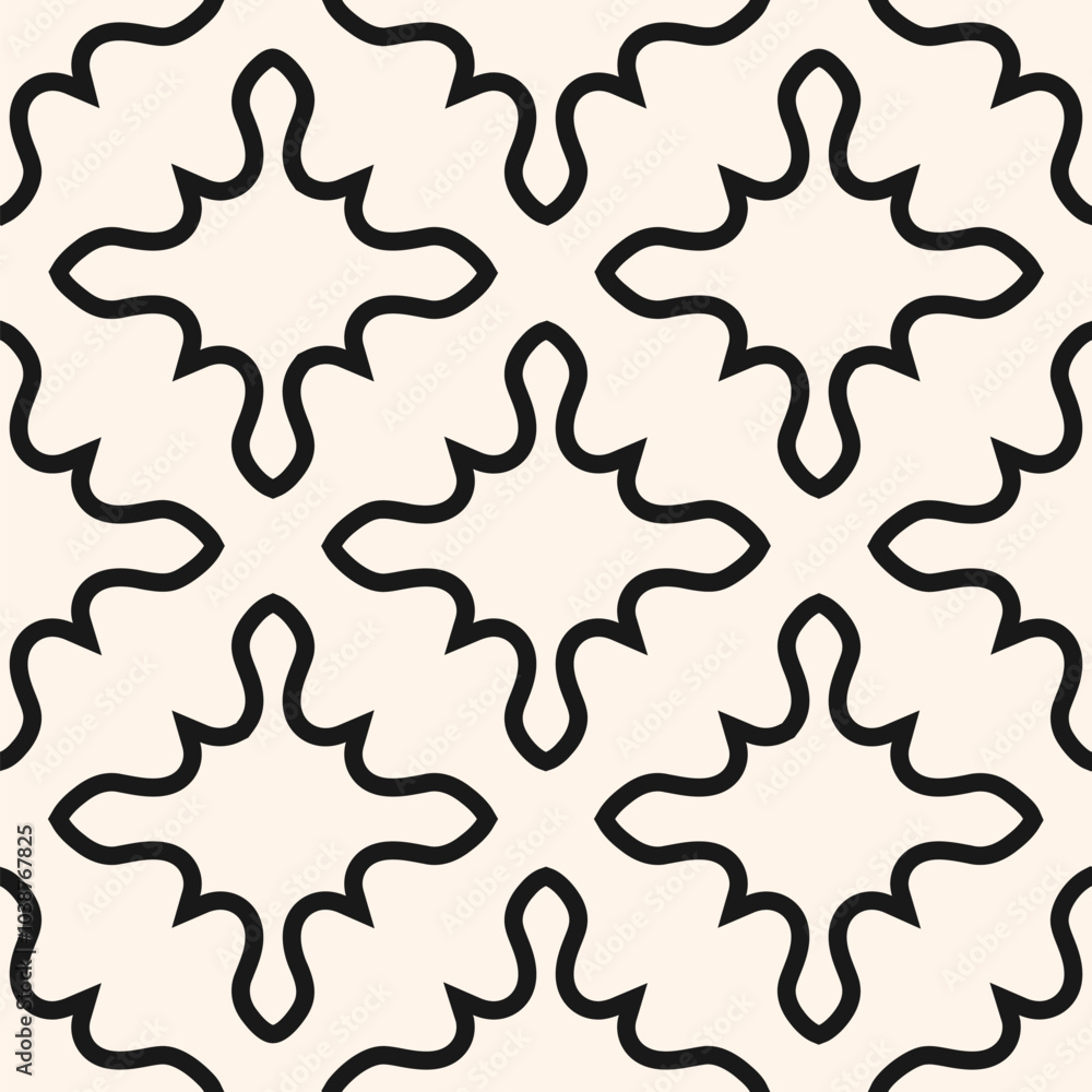 Vector monochrome geometric seamless pattern. Abstract ornament texture with curved shapes, crosses, stars, repeat tiles. Simple black and white background. Geo design for decor, printing, embossing Vector monochrome geometric seamless pattern. Abstract ornament texture with curved shapes, crosses, stars, repeat tiles. Simple black and white background. Geo design for decor, printing, embossing