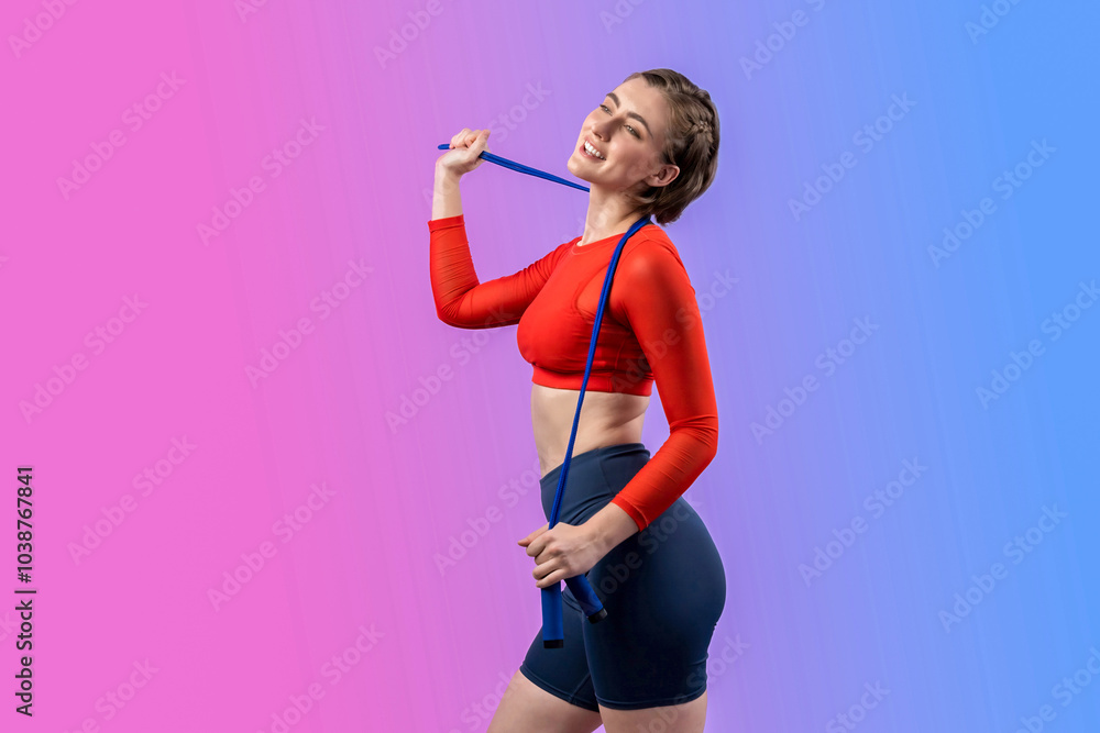 Full body length gaiety shot athletic and sporty young woman with fitness skipping rope in standing posture on isolated background. Healthy active and body care lifestyle. Full body length gaiety shot athletic and sporty young woman with fitness skipping rope in standing posture on isolated background. Healthy active and body care lifestyle.