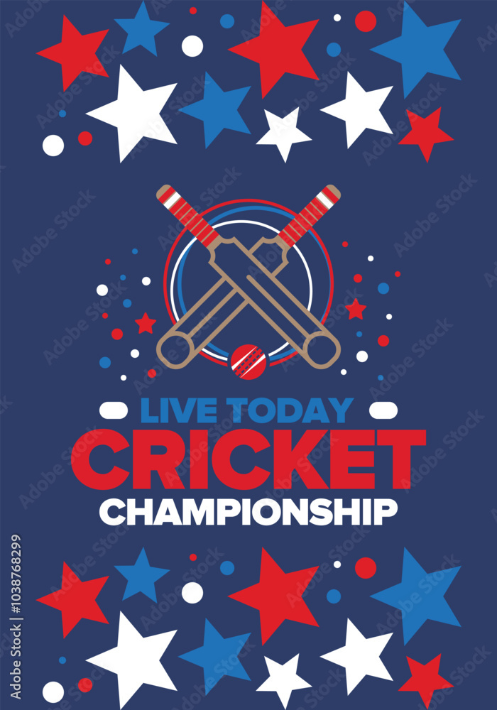 Fototapeta premium Cricket Championship. Match Day. Cricket bat and cricket ball. Tournament play-off and final. Sport game, professional competition. Play for win. Cricket match score. Fitness and recreation poster
