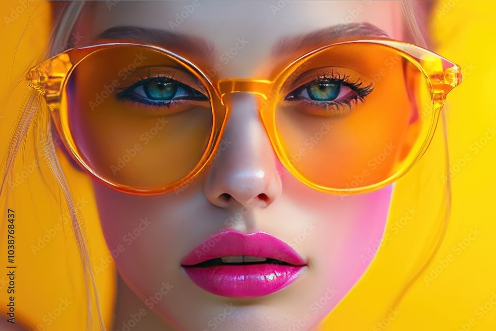 Vibrant Portrait of Woman in Orange Sunglasses Against Bright Background Vibrant Portrait of Woman in Orange Sunglasses Against Bright Background