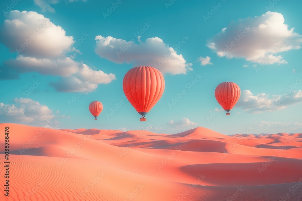 Obraz premium Surreal Desert Adventure: Hot Air Balloons Soaring Over Sandy Dunes