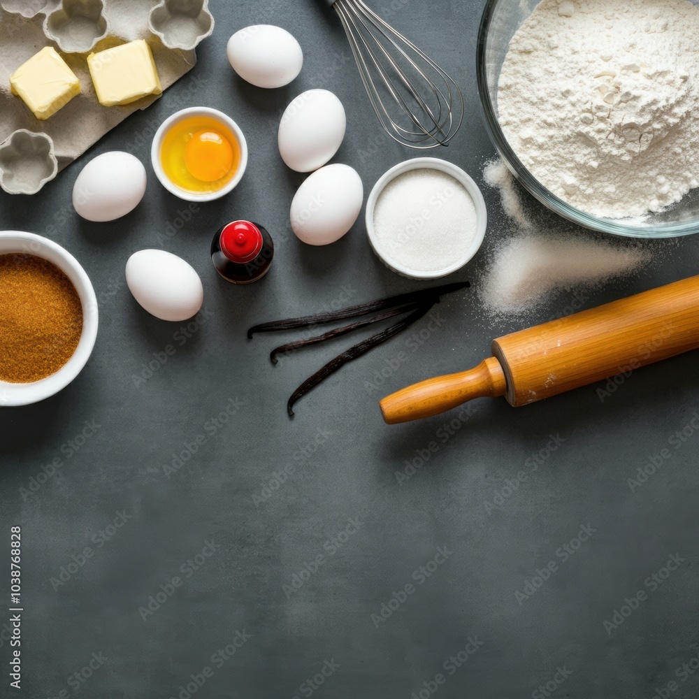 Baking Ingredients on Gray Surface, Top View Baking Ingredients on Gray Surface, Top View