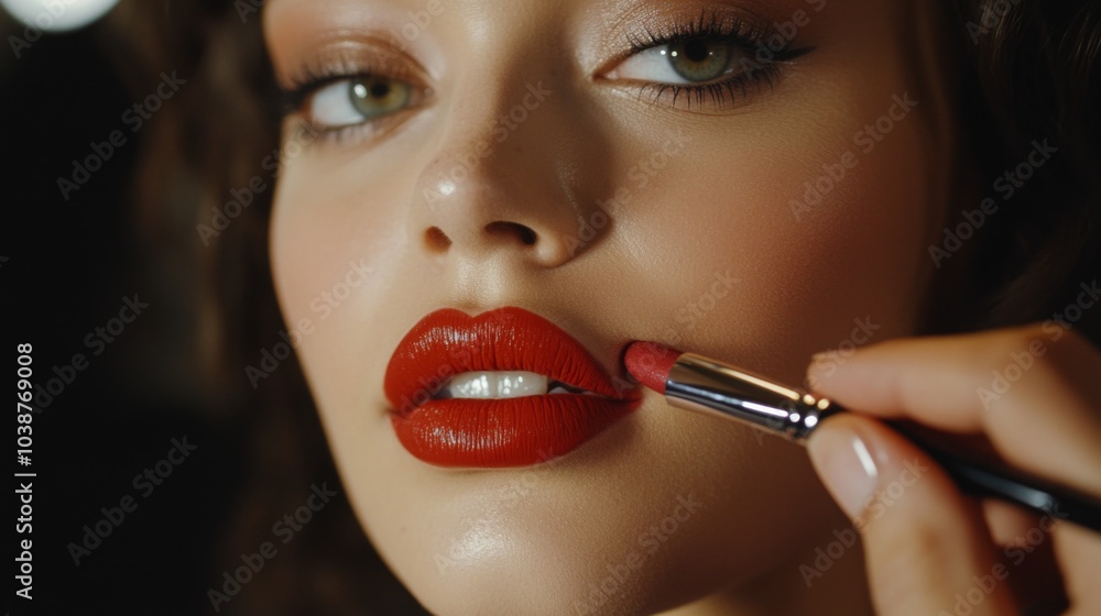 Close-Up of Model Applying Red Lipstick with Brush Close-Up of Model Applying Red Lipstick with Brush