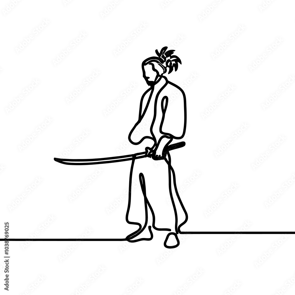 Fototapeta premium one line drawing of Japanese samurai warrior