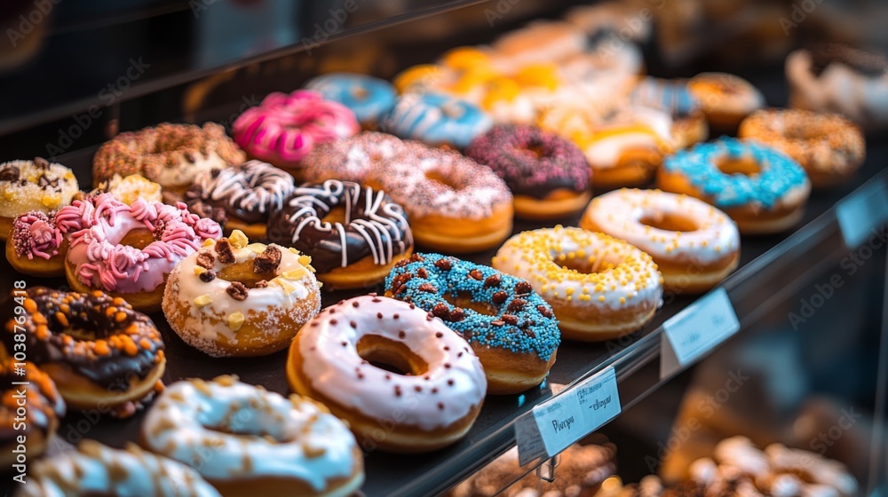Colorful Display of Delicious Donuts in Bakery Case Colorful Display of Delicious Donuts in Bakery Case