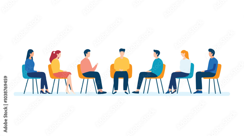 people sitting in folding chairs around a circle, discussing something together. Vector illustration on a white background.
people sitting in folding chairs around a circle, discussing something together. Vector illustration on a white background.