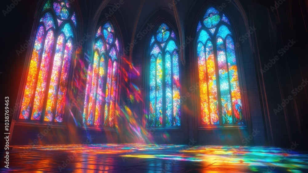 A detailed depiction of stained glass windows in a church, with light streaming through in vibrant colors. A detailed depiction of stained glass windows in a church, with light streaming through in vibrant colors.