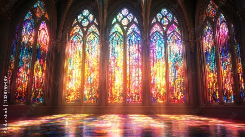 Obraz premium A detailed depiction of stained glass windows in a church, with light streaming through in vibrant colors.