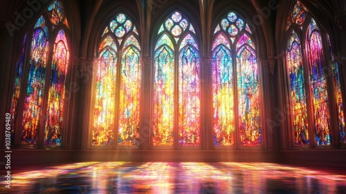 A detailed depiction of stained glass windows in a church, with light streaming through in vibrant colors.