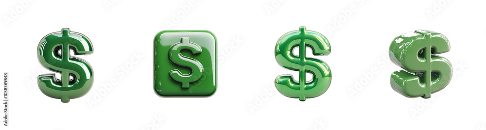 A collection of glossy green dollar signs isolated on a transparent background, representing financial success and budgeting concepts A collection of glossy green dollar signs isolated on a transparent background, representing financial success and budgeting concepts