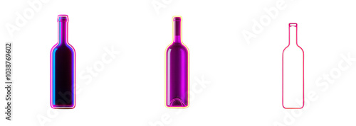 A collection of neon-outlined wine bottle illustrations isolated on a transparent background, perfect for modern party-themed concepts