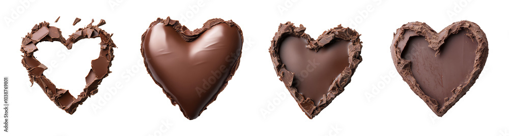 Obraz premium Collection of four chocolate heart shapes isolated on a transparent background, perfect for Valentine's Day and romantic concepts