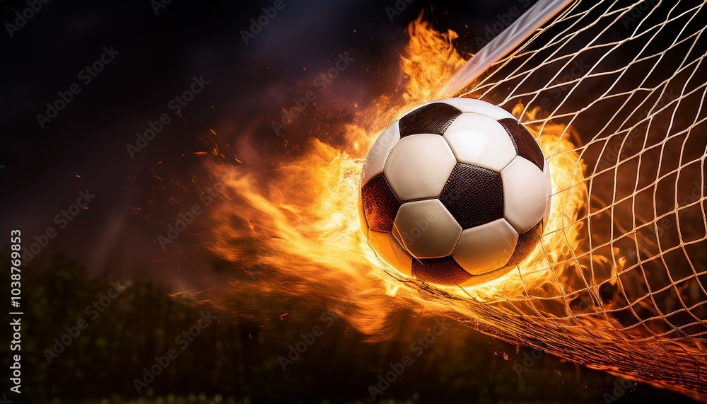 Naklejka premium art Soccer ball on fire hitting the back of the net, symbolizing power