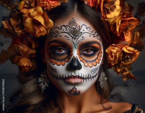 Celebrating life and death Elegant Mexican woman with ornate fantasy makeup for Day of the Dead