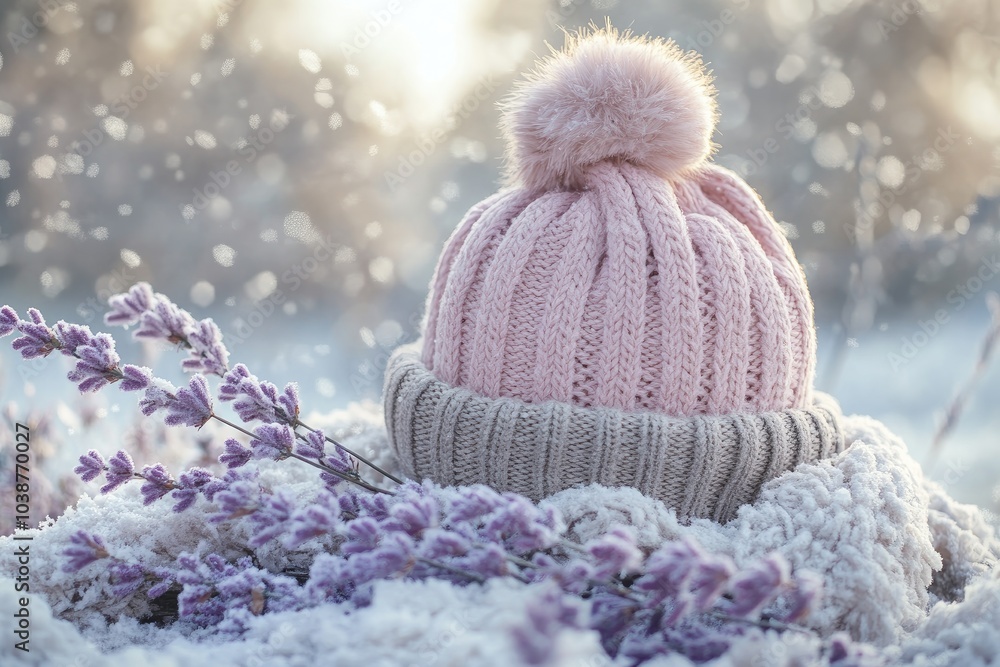 Cozy Winter Hat with Lavender on Snowy Background Cozy Winter Hat with Lavender on Snowy Background