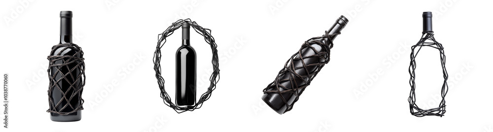 Fototapeta premium A collection of wine bottles wrapped in artistic wire, isolated on a transparent background, perfect for holiday gifting concepts