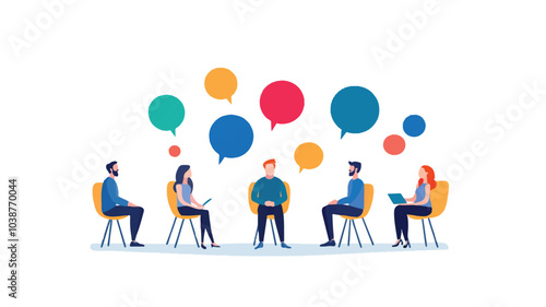 people sitting in folding chairs around a circle, discussing something together. Vector illustration on a white background.

