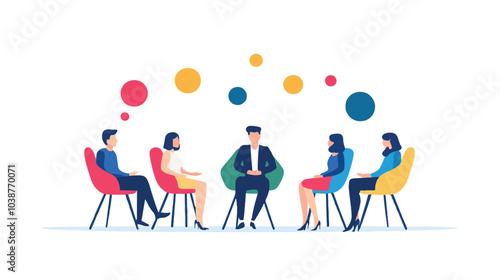 people sitting in folding chairs around a circle, discussing something together. Vector illustration on a white background.

