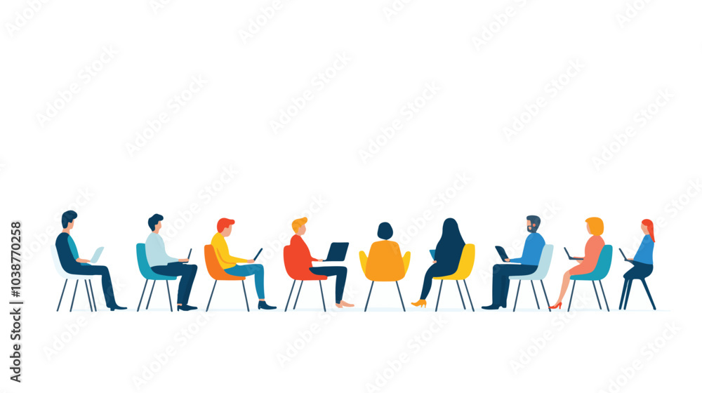 people sitting in folding chairs around a circle, discussing something together. Vector illustration on a white background.
people sitting in folding chairs around a circle, discussing something together. Vector illustration on a white background.