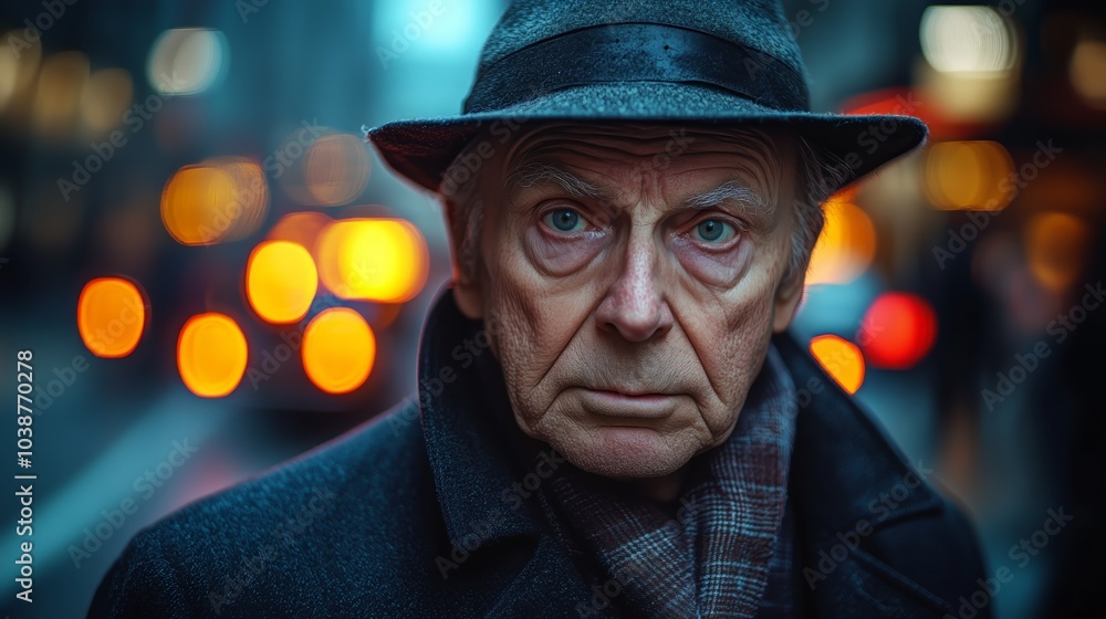 An elderly man wearing a dark overcoat and a fedora hat stands in a dimly lit urban setting. The background is blurred with vibrant bokeh lights, creating a mysterious and cinematic atmosphere. An elderly man wearing a dark overcoat and a fedora hat stands in a dimly lit urban setting. The background is blurred with vibrant bokeh lights, creating a mysterious and cinematic atmosphere.